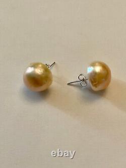 Old Sterling Silver Huge Natural Pink Pearl Earrings