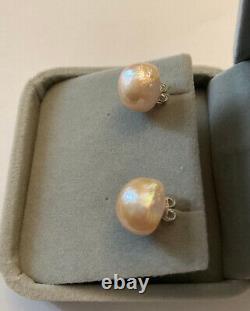 Old Sterling Silver Huge Natural Pink Pearl Earrings