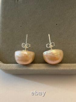 Old Sterling Silver Huge Natural Pink Pearl Earrings