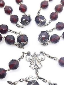 Old Sterling Silver Rosary And Pearls Red Color Garnets Art Nouveau 1900