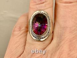 Old Unique Ring Solid Silver Elaborately Crafted Genuine Mystic Topaz T55