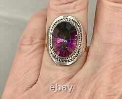 Old Unique Ring Solid Silver Elaborately Crafted Genuine Mystic Topaz T55