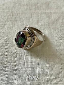 Old Unique Ring Solid Silver Elaborately Crafted Genuine Mystic Topaz T55