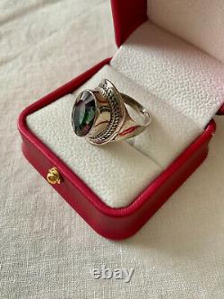 Old Unique Ring Solid Silver Elaborately Crafted Genuine Mystic Topaz T55