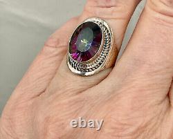 Old Unique Ring Solid Silver Elaborately Crafted Genuine Mystic Topaz T55