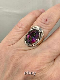 Old Unique Ring Solid Silver Elaborately Crafted Genuine Mystic Topaz T55