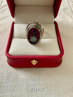 Old Unique Ring Solid Silver Elaborately Crafted Genuine Mystic Topaz T55