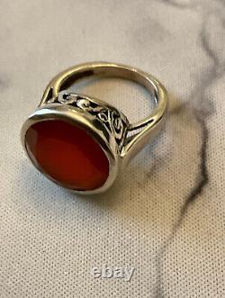 Old Unique Solid Silver Art Deco Carved Ring - Carnelian Stone - Size 52