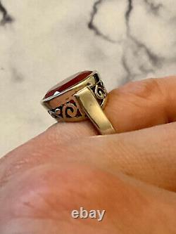 Old Unique Solid Silver Art Deco Carved Ring - Carnelian Stone - Size 52