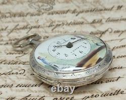 Old Watch Au Coq Silver Dial Painted Border In Geneva Kids Pocket Watch