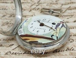 Old Watch Au Coq Silver Dial Painted Border In Geneva Kids Pocket Watch