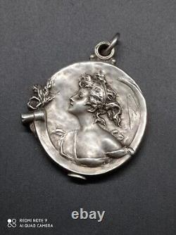 Old pendant, art nouveau woman's bag mirror signed solid silver punched