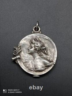 Old pendant, art nouveau woman's bag mirror signed solid silver punched