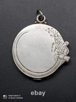 Old pendant, art nouveau woman's bag mirror signed solid silver punched