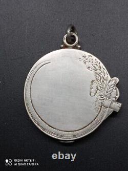 Old pendant, art nouveau woman's bag mirror signed solid silver punched