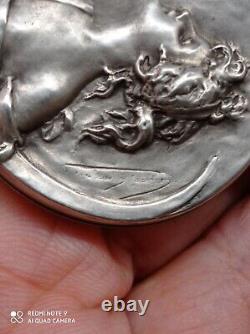 Old pendant, art nouveau woman's bag mirror signed solid silver punched