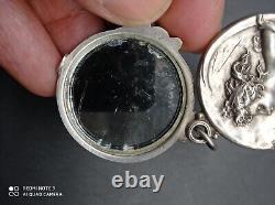 Old pendant, art nouveau woman's bag mirror signed solid silver punched