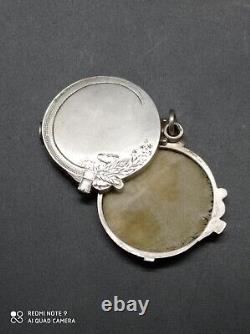 Old pendant, art nouveau woman's bag mirror signed solid silver punched