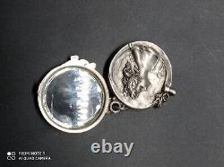 Old pendant, art nouveau woman's bag mirror signed solid silver punched