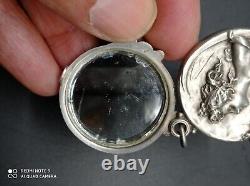 Old pendant, art nouveau woman's bag mirror signed solid silver punched