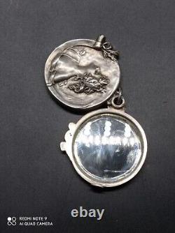 Old pendant, art nouveau woman's bag mirror signed solid silver punched