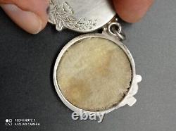 Old pendant, art nouveau woman's bag mirror signed solid silver punched