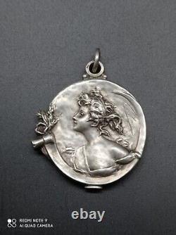 Old pendant, art nouveau woman's bag mirror signed solid silver punched