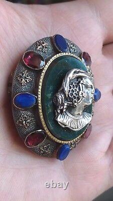 Old solid silver/golden yellow/blood jasper/garnet/lapis lazuli brooch.