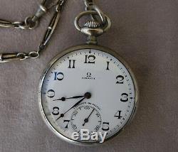 Omega Old Pocket Watch And Chain Sterling Silver (works)