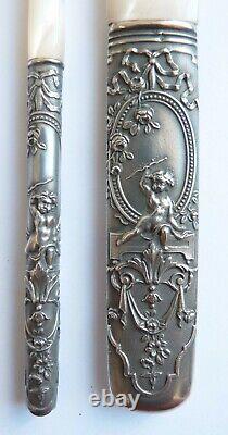 Paper cutter + solid silver pen holder + antique silver dip pen with mother of pearl angel