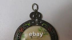 Pendant Ancient Heron And Bird Os Grave Painted Silver Massif Watermark Emaille