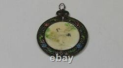 Pendant Ancient Heron And Bird Os Grave Painted Silver Massif Watermark Emaille