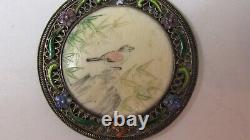 Pendant Ancient Heron And Bird Os Grave Painted Silver Massif Watermark Emaille