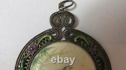 Pendant Ancient Heron And Bird Os Grave Painted Silver Massif Watermark Emaille