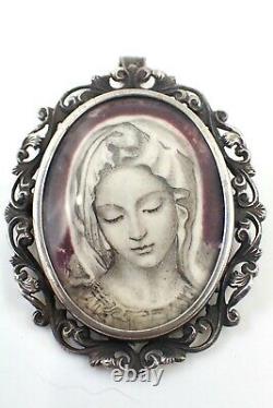 Pendant / Old Brooch In Solid Silver Drawing Of A 19th Century Virgin