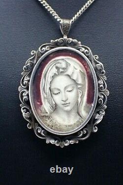 Pendant / Old Brooch In Solid Silver Drawing Of A 19th Century Virgin