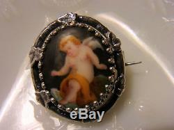 Pin Old Xixth Silver Angel Putti Miniature On Porcelain