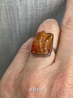 Rare Amber Sculpted Silver Massive Beautiful Unique Ring Antique Art Deco