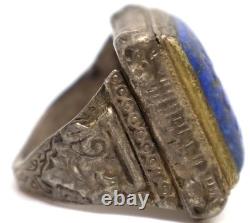 Rare Antique Afghan Carved Lapis Lazuli Ring in Solid Silver