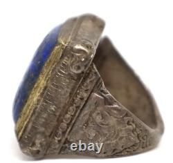 Rare Antique Afghan Carved Lapis Lazuli Ring in Solid Silver