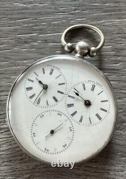 Rare Antique Pocket Watch Double Time Zone Solid Silver