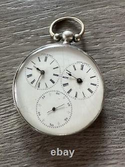 Rare Antique Pocket Watch Double Time Zone Solid Silver