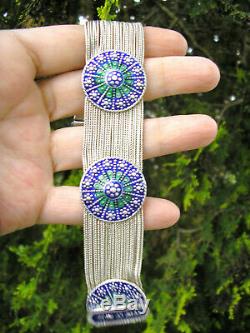 Rare! Beautiful Old Bracelet In Sterling Silver And Enamels 65 Gr