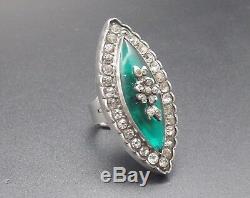 Rare Large Marquise Ring Ancient Rhinestone Silver Massive Nineteenth T54