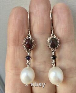 Rare Old Black Opal Earrings, Orange Sapphire, Pearl, Silver