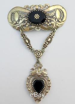 Rare Old Regional Jewel In Sterling Silver Vermeil And Onyx Heart Pendant