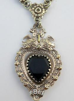 Rare Old Regional Jewel In Sterling Silver Vermeil And Onyx Heart Pendant