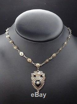 Rare Old Regional Necklace In Sterling Silver Vermeil And Jet Heart Pendant