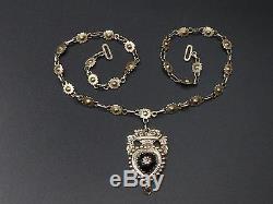 Rare Old Regional Necklace In Sterling Silver Vermeil And Jet Heart Pendant