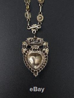 Rare Old Regional Necklace In Sterling Silver Vermeil And Jet Heart Pendant